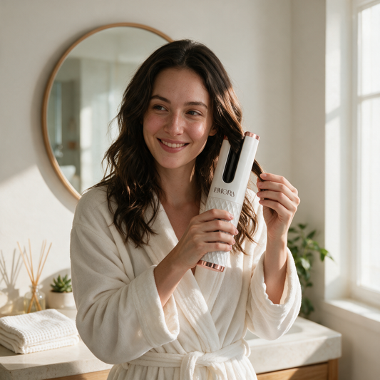 Woman in a bathroom curling her hair with the Lumora cordless automatic curler
