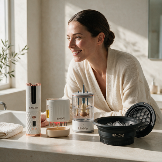 Woman smiling at a bathroom vanity with all four Lumora products on the counter