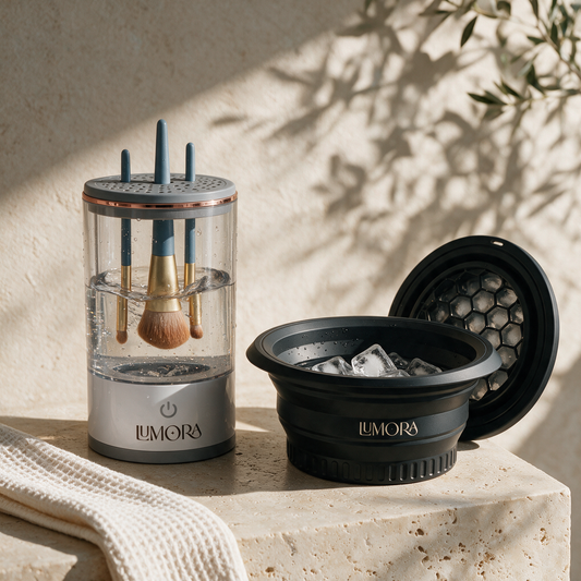 Lumora Care Duo: the electric brush cleaner and the facial ice bath bowl on a travertine plinth
