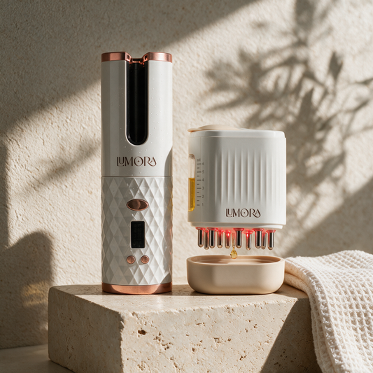 Lumora Hair Ritual Set: the cordless automatic curler and the scalp oil applicator on a travertine plinth