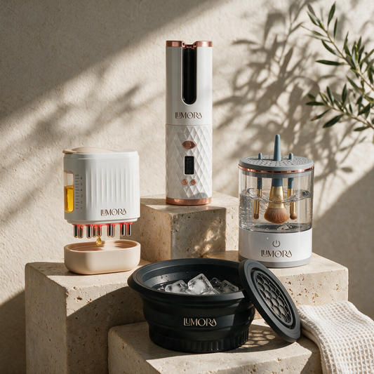 Lumora Complete Ritual Set: the curler, scalp applicator, brush cleaner and ice bath bowl on travertine plinths